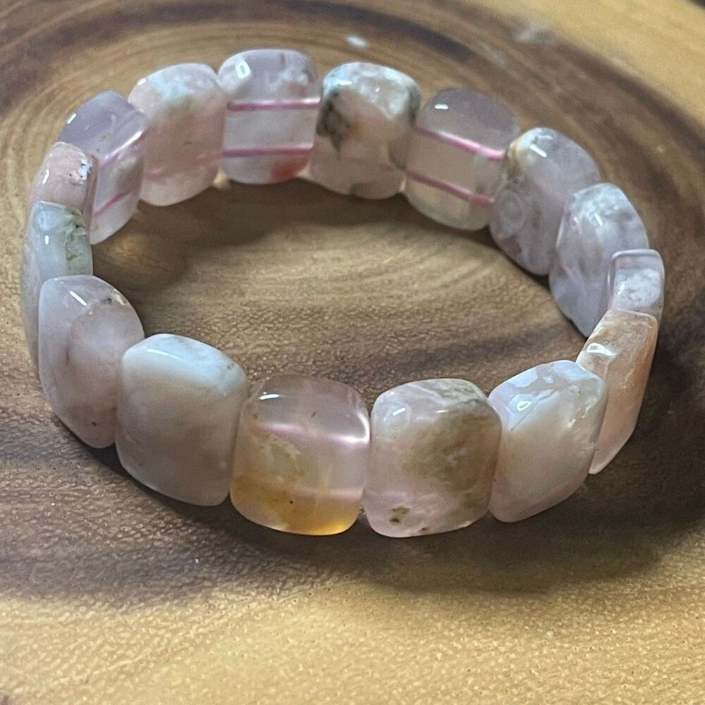 Pink flower agate soft bangle bracelet beaded beads new handmade .75” High beads
